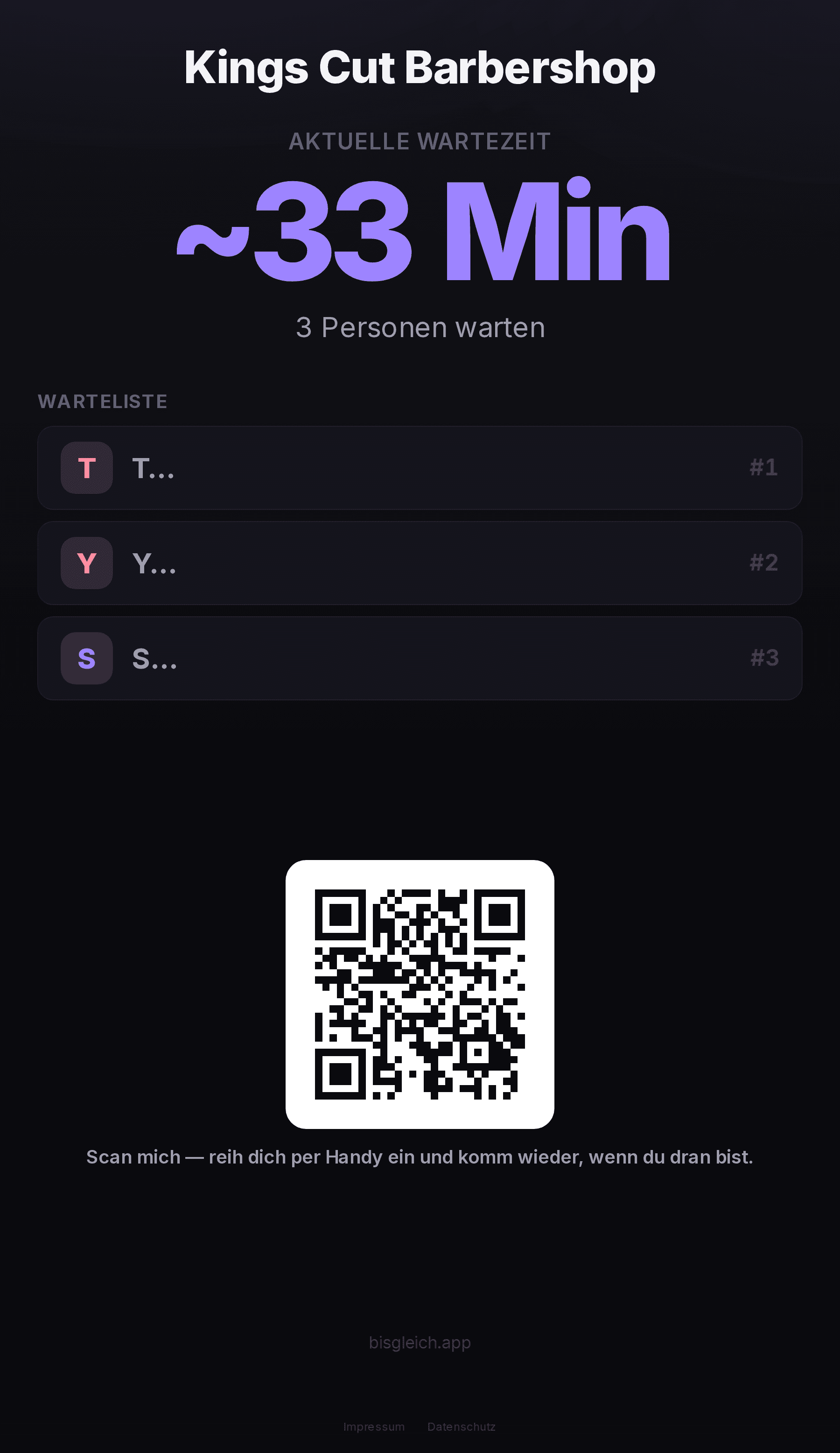 Schaufenster-Display: große Live-Wartezeit mit QR-Code für Laufkundschaft