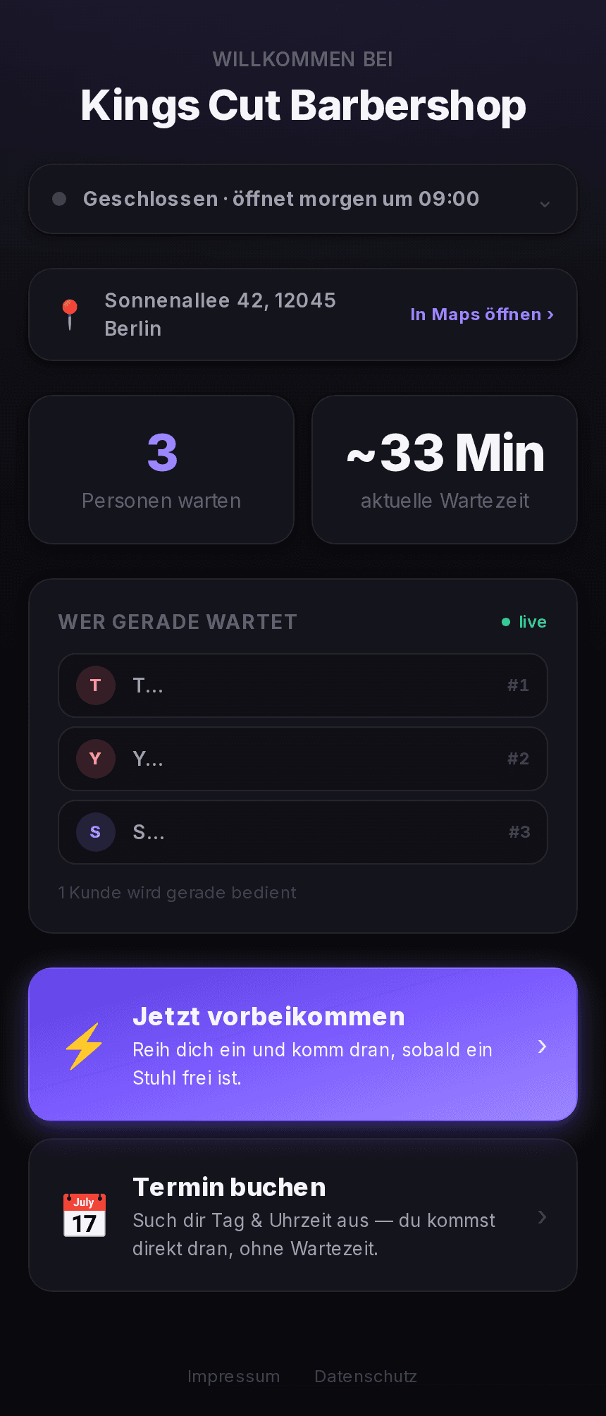 Mobile Salon-Startseite mit Live-Wartezeit und Warteliste
