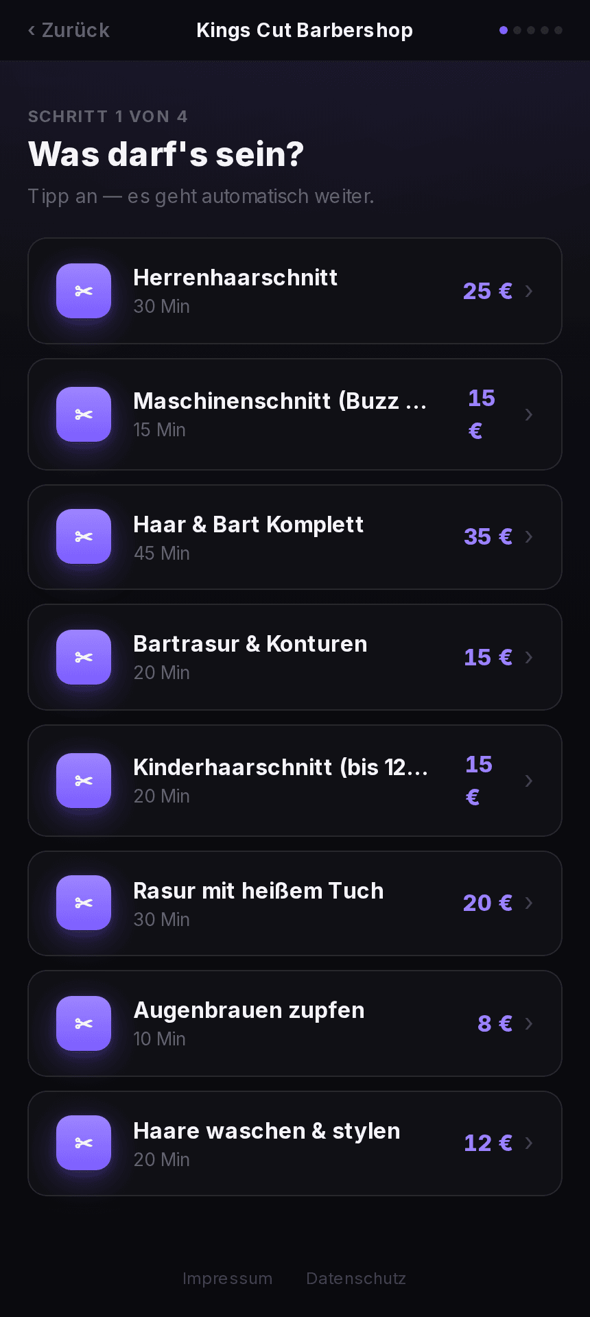 Termin-Assistent: Leistung, Friseur, Tag und Uhrzeit Schritt für Schritt wählen